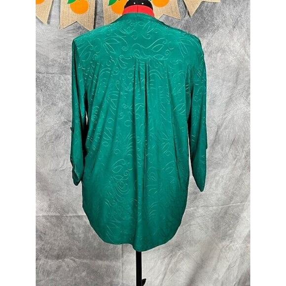Notations Blouse Size XL Embroidered Dark Green 1/4 Buttons Roll Tab Sleeve - Picture 2 of 8